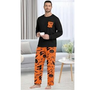Men's Pajama Set Sleepwear Lightweight Long Sleeve Black /Orange New